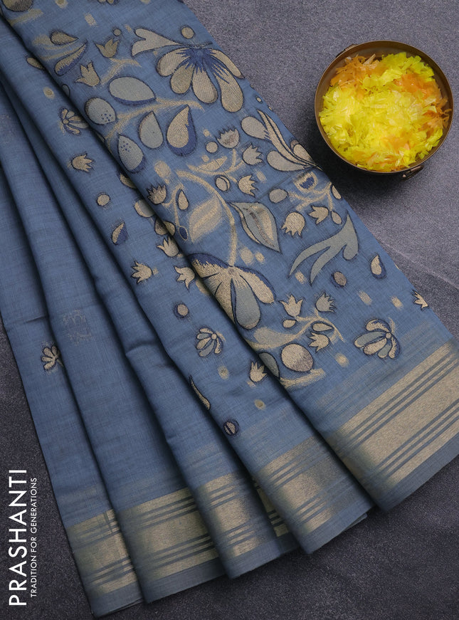 Jamdhani cotton saree blue shade with thread & zari woven buttas and jamdhani pallu