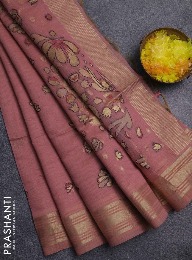 Jamdhani cotton saree dark peach shade with thread & zari woven buttas and jamdhani pallu