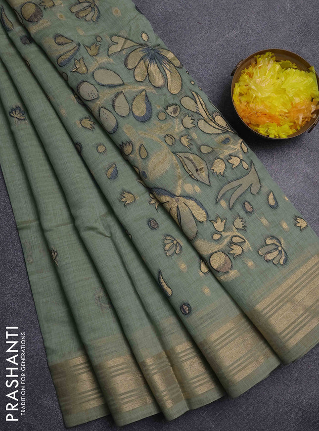 Jamdhani cotton saree pastel green with thread & zari woven buttas and jamdhani pallu