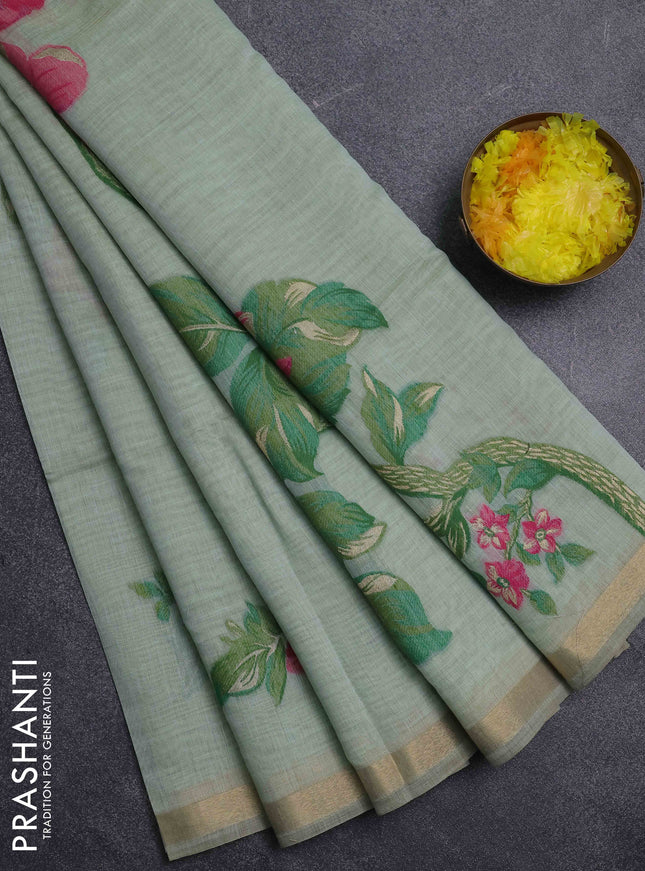 Jamdhani cotton saree pastel green with thread & zari woven buttas and jamdhani pallu