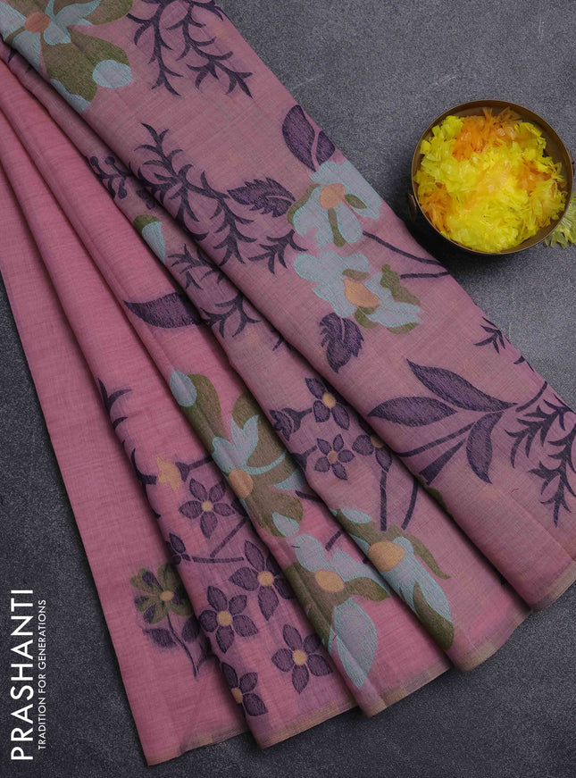 Jamdhani cotton saree light pink and teal green with thread woven buttas and jamdhani pallu