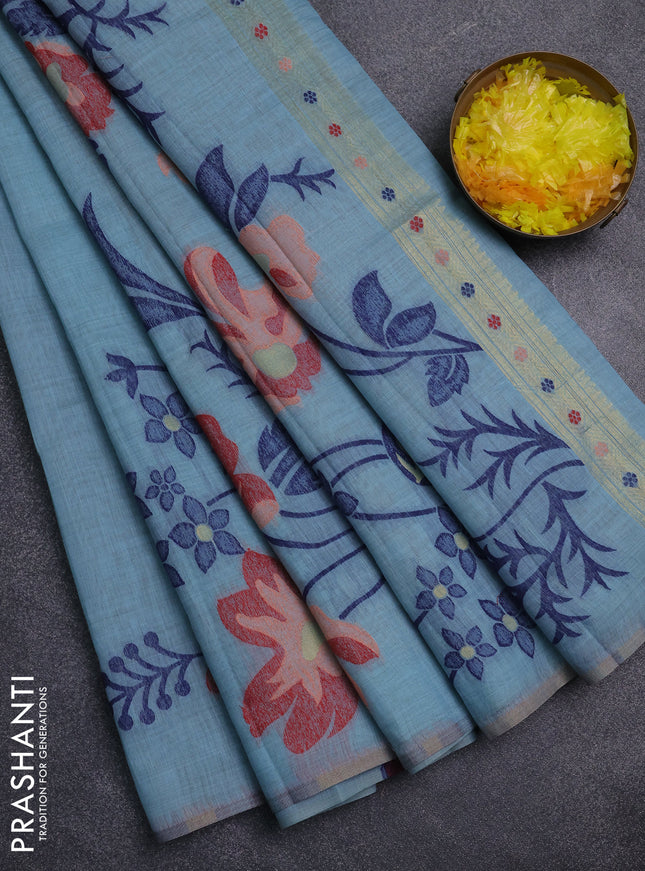 Jamdhani cotton saree pastel blue and red with thread woven buttas and jamdhani pallu