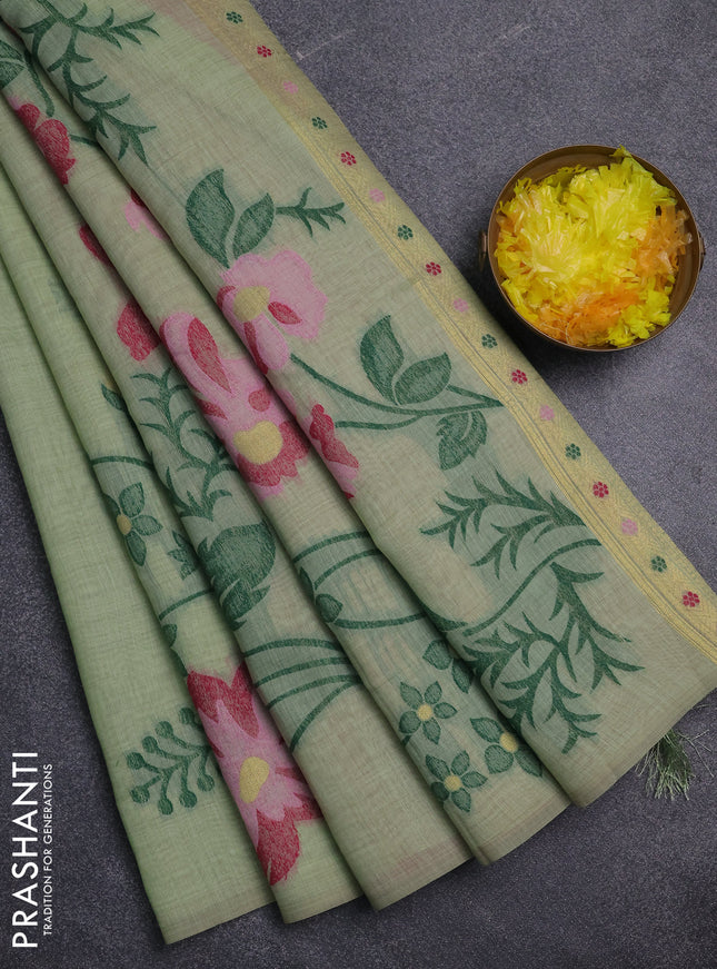 Jamdhani cotton saree pista green and pink with thread woven buttas and jamdhani pallu