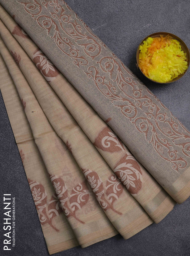 Jamdhani cotton saree sandal and grey with thread woven buttas and jamdhani pallu