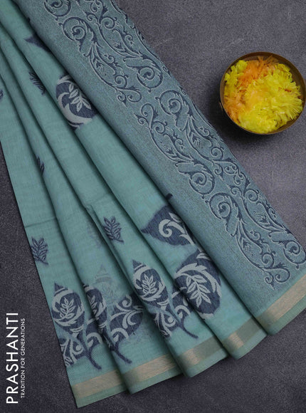 Jamdhani cotton saree pastel green and blue shade with thread woven buttas and jamdhani pallu