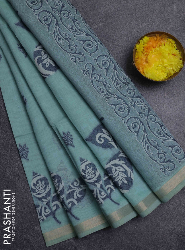 Jamdhani cotton saree pastel green and blue shade with thread woven buttas and jamdhani pallu