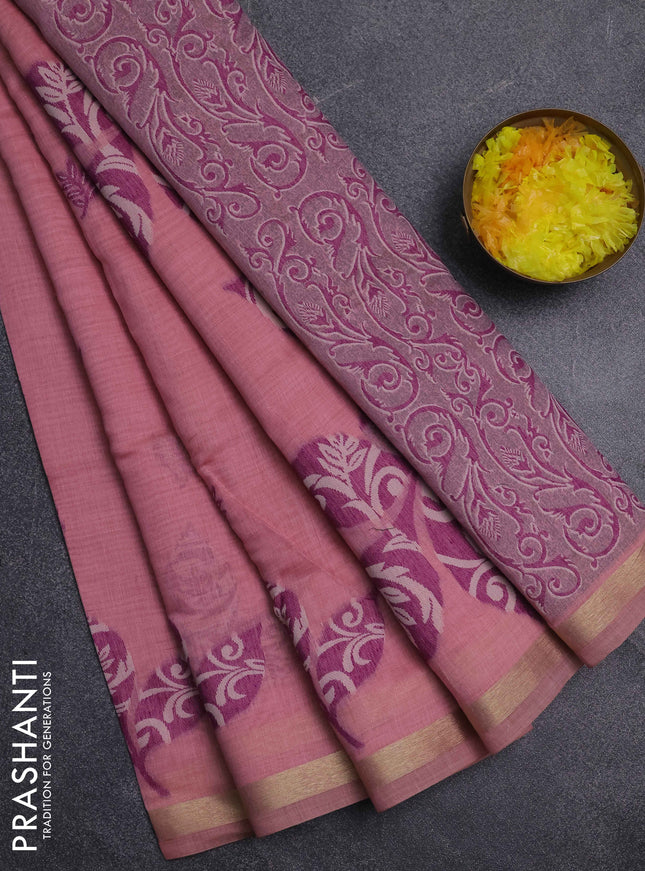 Jamdhani cotton saree peach pink and purple with thread woven buttas and jamdhani pallu