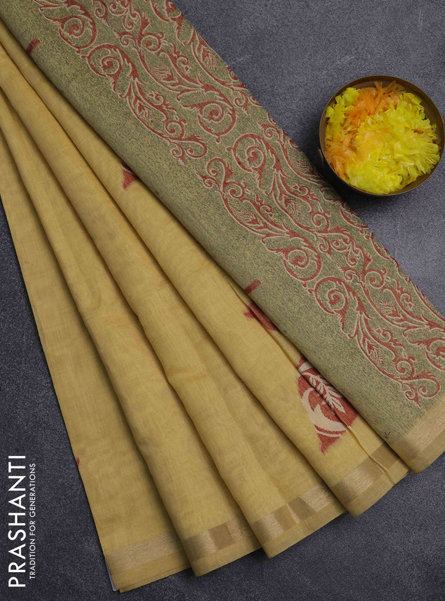 Jamdhani cotton saree sandal and beige with thread woven buttas and jamdhani pallu