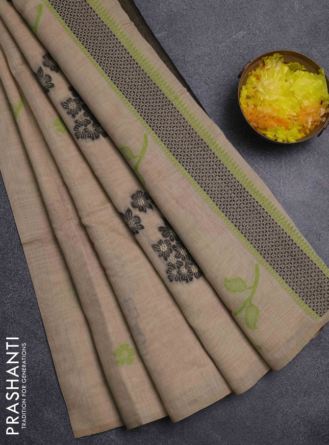 Jamdhani cotton saree beige and black with thread woven buttas and jamdhani pallu