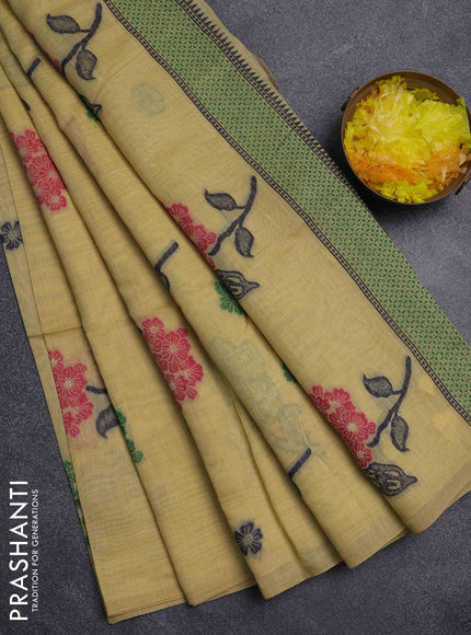 Jamdhani cotton saree pale yellow and green with thread woven buttas and jamdhani pallu