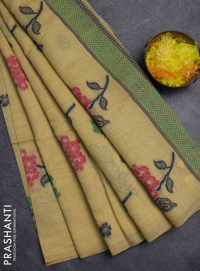 Jamdhani cotton saree pale yellow and green with thread woven buttas and jamdhani pallu