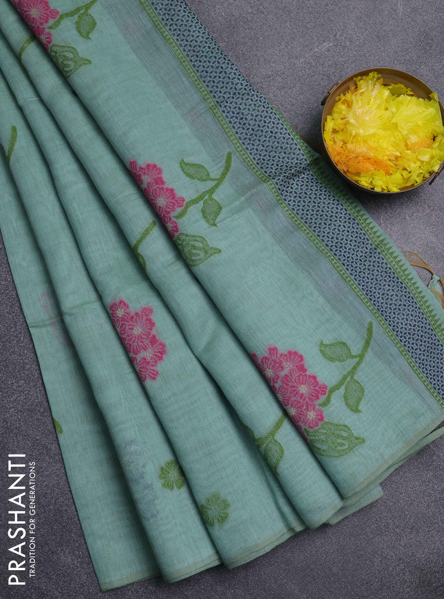 Jamdhani cotton saree teal green  and navy blue with thread woven buttas and jamdhani pallu