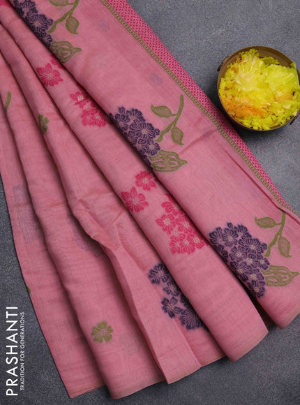 Jamdhani cotton saree peach pink and pink with thread woven buttas and jamdhani pallu