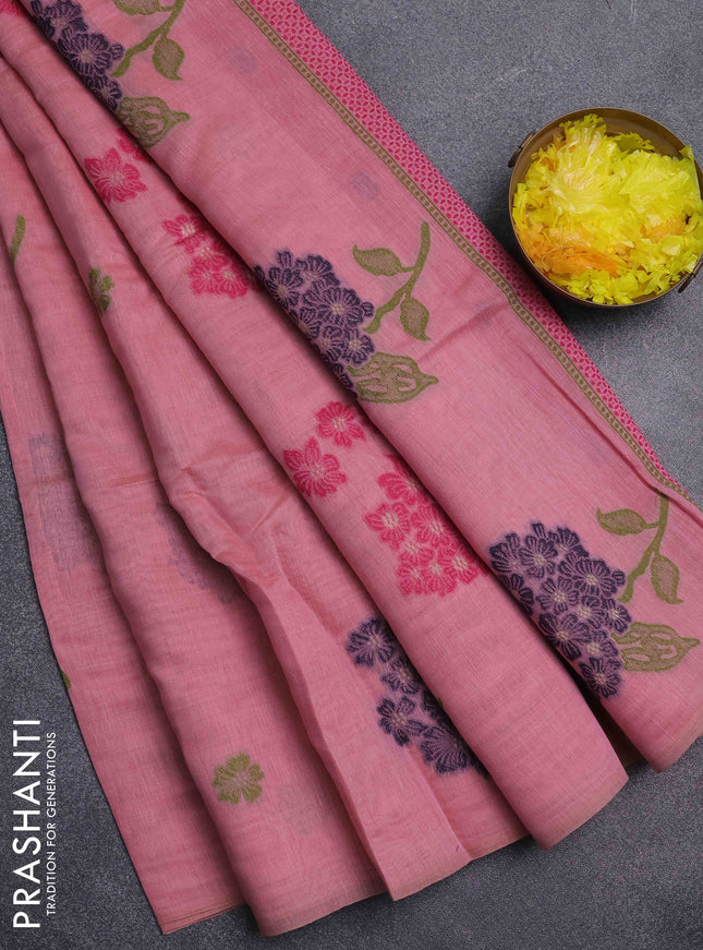 Jamdhani cotton saree peach pink and pink with thread woven buttas and jamdhani pallu