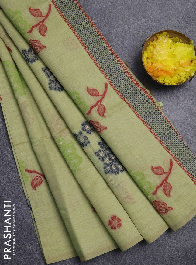 Jamdhani cotton saree pista green and navy blue with thread woven buttas and jamdhani pallu