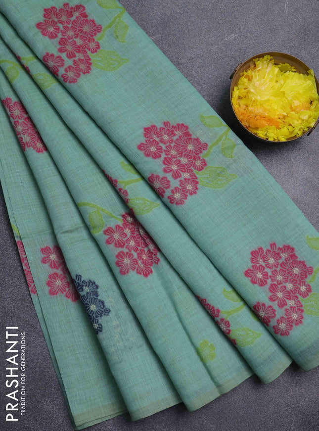Jamdhani cotton saree teal green shade and navy blue with thread woven buttas and jamdhani pallu