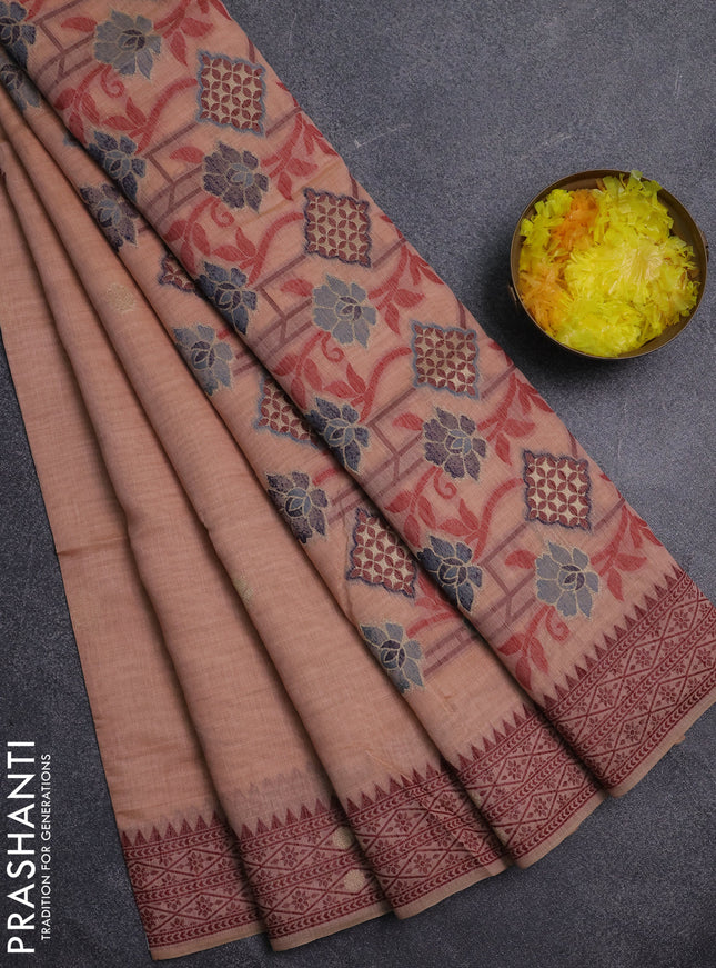 Jamdhani cotton saree peach shade and maroon with thread woven buttas and jamdhani pallu
