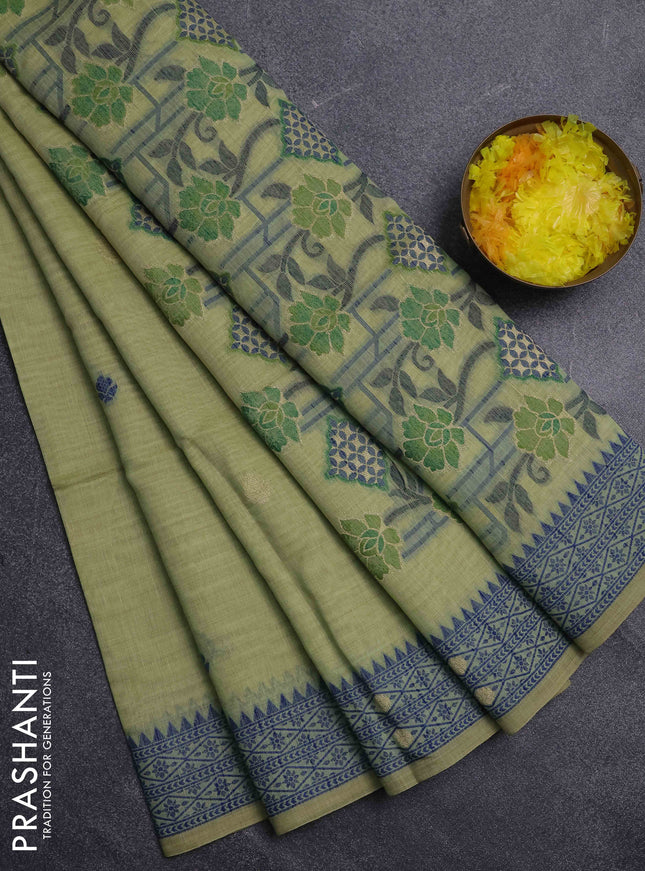 Jamdhani cotton saree pista green and blue with thread woven buttas and jamdhani pallu