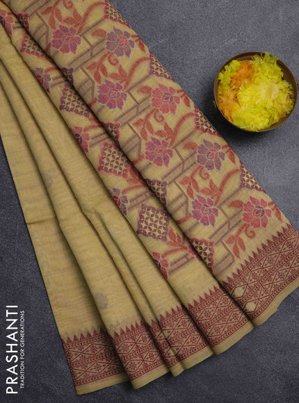Jamdhani cotton saree pale yellow and maroon with thread woven buttas and jamdhani pallu