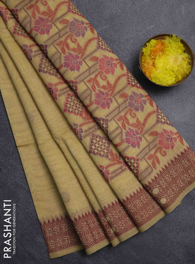 Jamdhani cotton saree pale yellow and maroon with thread woven buttas and jamdhani pallu