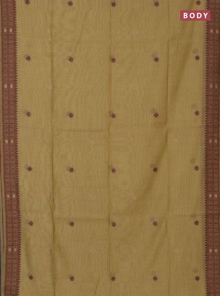 Jamdhani cotton saree pale yellow and maroon with thread woven buttas and jamdhani pallu