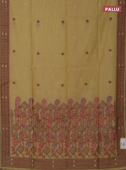 Jamdhani cotton saree pale yellow and maroon with thread woven buttas and jamdhani pallu