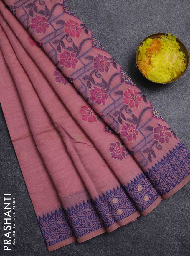 Jamdhani cotton saree peach pink and navy blue with thread woven buttas and jamdhani pallu