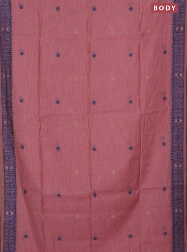 Jamdhani cotton saree peach pink and navy blue with thread woven buttas and jamdhani pallu