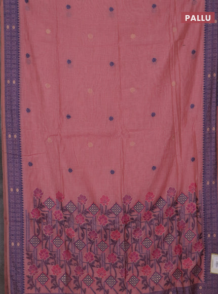 Jamdhani cotton saree peach pink and navy blue with thread woven buttas and jamdhani pallu