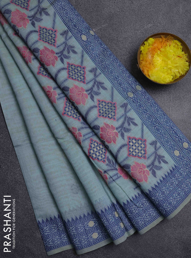 Jamdhani cotton saree teal blue and navy blue with thread woven buttas and jamdhani pallu