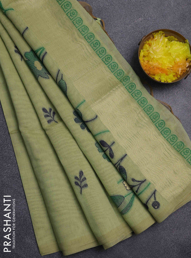 Jamdhani cotton saree pista green with thread woven buttas and jamdhani pallu