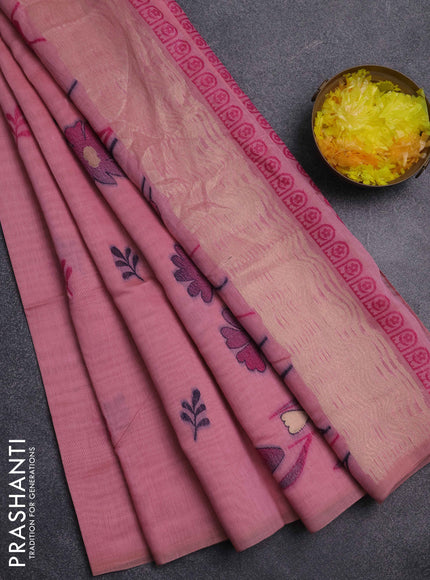 Jamdhani cotton saree peach pink with thread woven buttas and jamdhani pallu