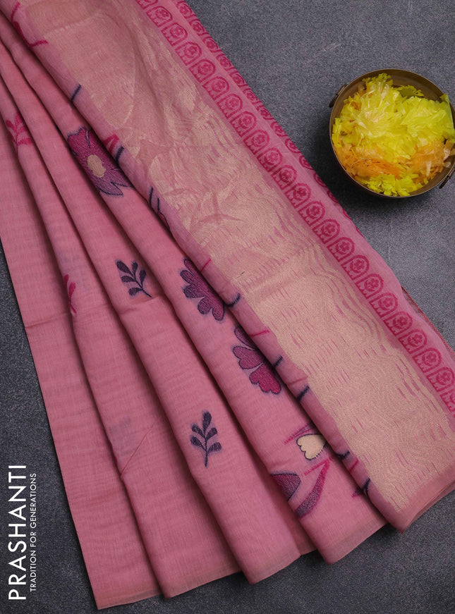Jamdhani cotton saree peach pink with thread woven buttas and jamdhani pallu