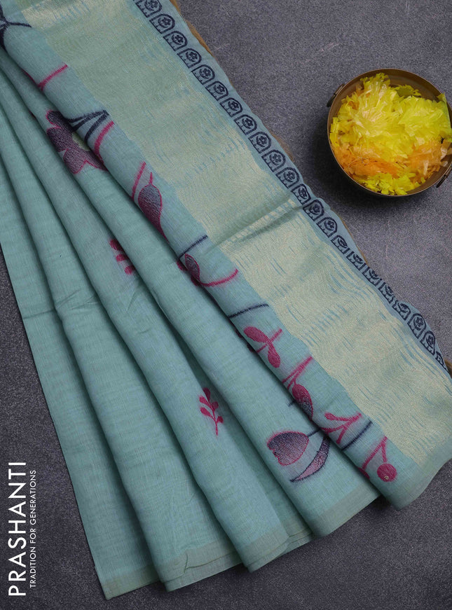 Jamdhani cotton saree teal green shade with thread woven buttas and jamdhani pallu