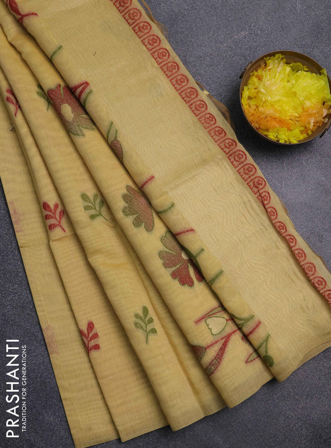 Jamdhani cotton saree pale yellow with thread woven buttas and jamdhani pallu