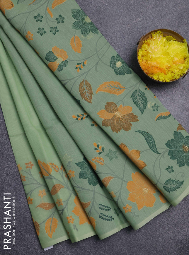 Jamdhani cotton saree pastel green and green with thread & zari woven buttas and jamdhani pallu
