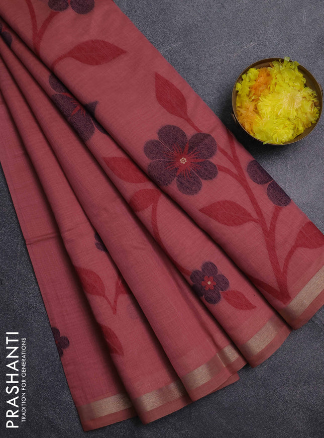 Jamdhani cotton saree dark peach and navy blue with thread woven buttas and jamdhani pallu