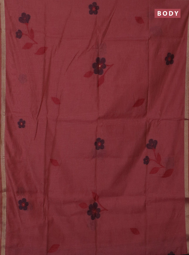 Jamdhani cotton saree dark peach and navy blue with thread woven buttas and jamdhani pallu