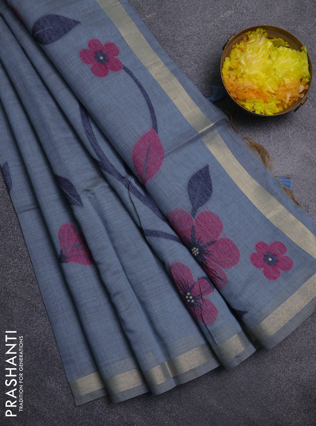 Jamdhani cotton saree grey and pink with thread woven buttas and jamdhani pallu