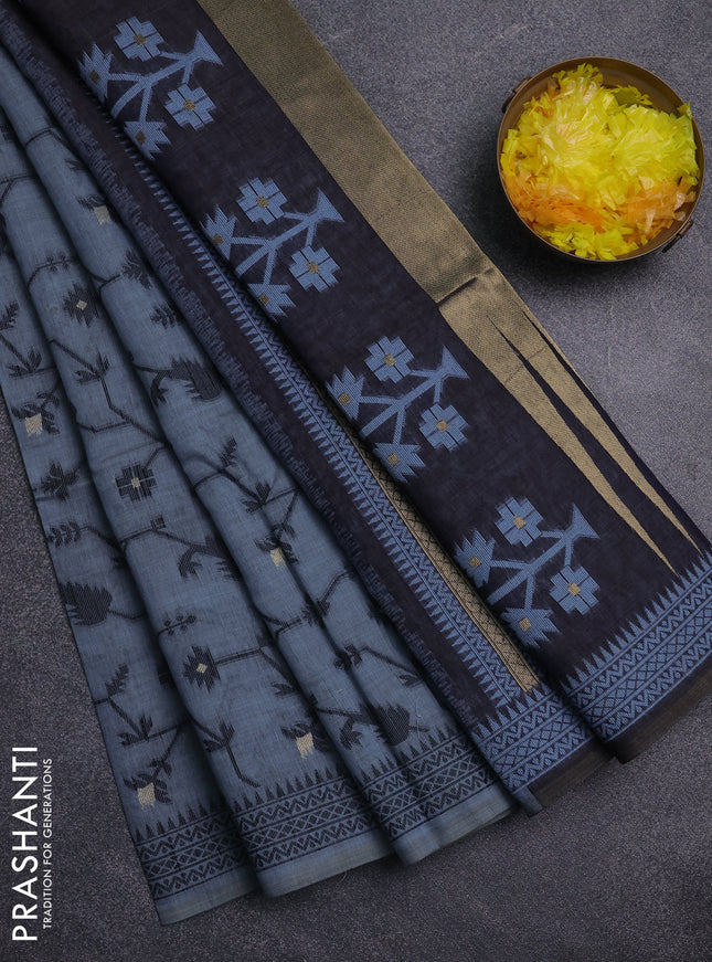 Jamdhani cotton saree grey and navy blue with thread woven buttas and jamdhani pallu