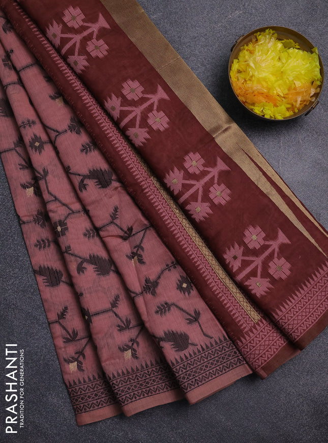 Jamdhani cotton saree dark peach shade and maroon with allover thread weaves and jamdhani pallu