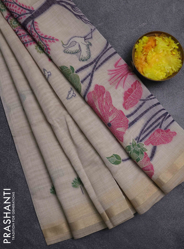 Jamdhani cotton saree beige and pink with thread woven buttas and jamdhani pallu