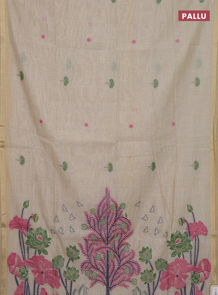 Jamdhani cotton saree beige and pink with thread woven buttas and jamdhani pallu