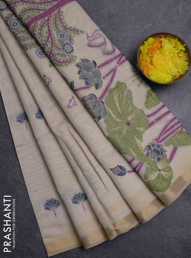 Jamdhani cotton saree beige and purple with thread woven buttas and jamdhani pallu