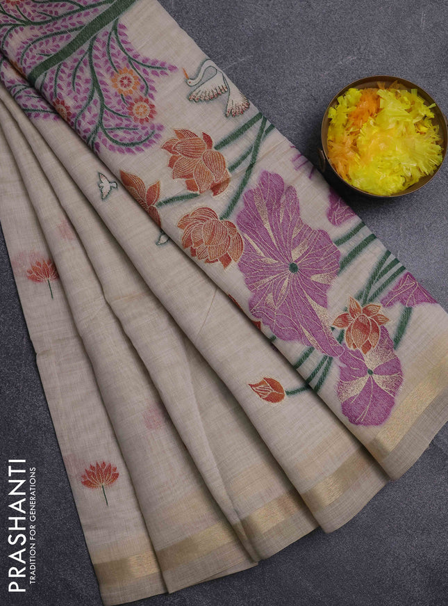 Jamdhani cotton saree beige and green with thread woven buttas and jamdhani pallu