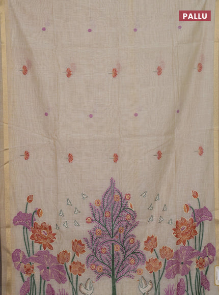 Jamdhani cotton saree beige and green with thread woven buttas and jamdhani pallu