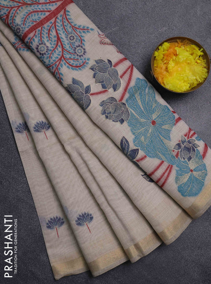 Jamdhani cotton saree beige and maroon with thread woven buttas and jamdhani pallu