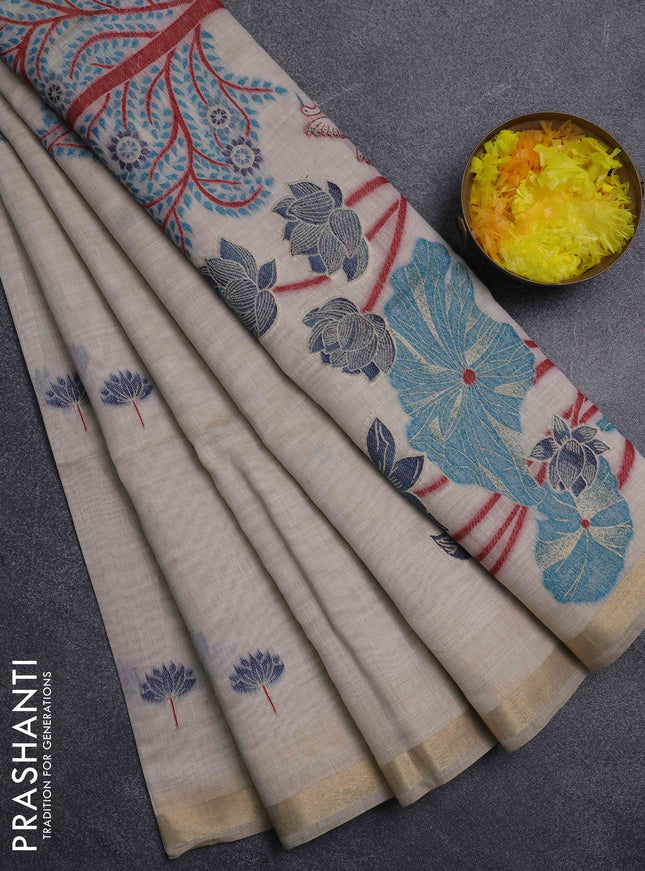 Jamdhani cotton saree beige and maroon with thread woven buttas and jamdhani pallu