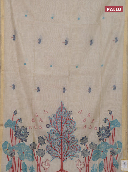 Jamdhani cotton saree beige and maroon with thread woven buttas and jamdhani pallu