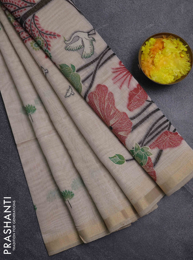 Jamdhani cotton saree beige and black with thread woven buttas and jamdhani pallu